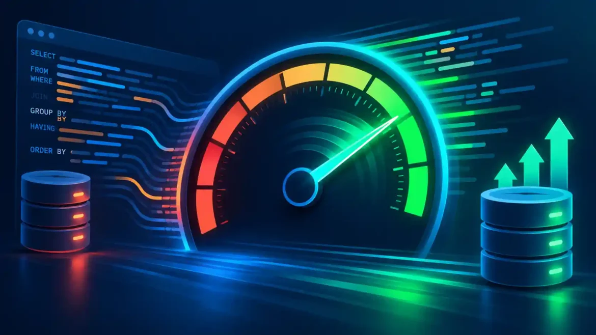 Cómo optimizar consultas SQL lentas: velocímetro pasando de lento a rápido con código SQL de fondo